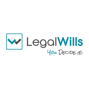 A blue and white logo for a company called Legal Wills. It contains a blue square outline with blue and grey W in the middle.