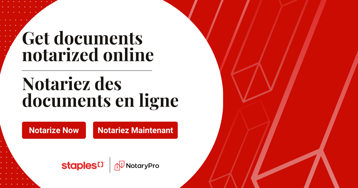 Red "Get Documents Notarized Online" graphic in French and English, with Staples and NotaryPro logo